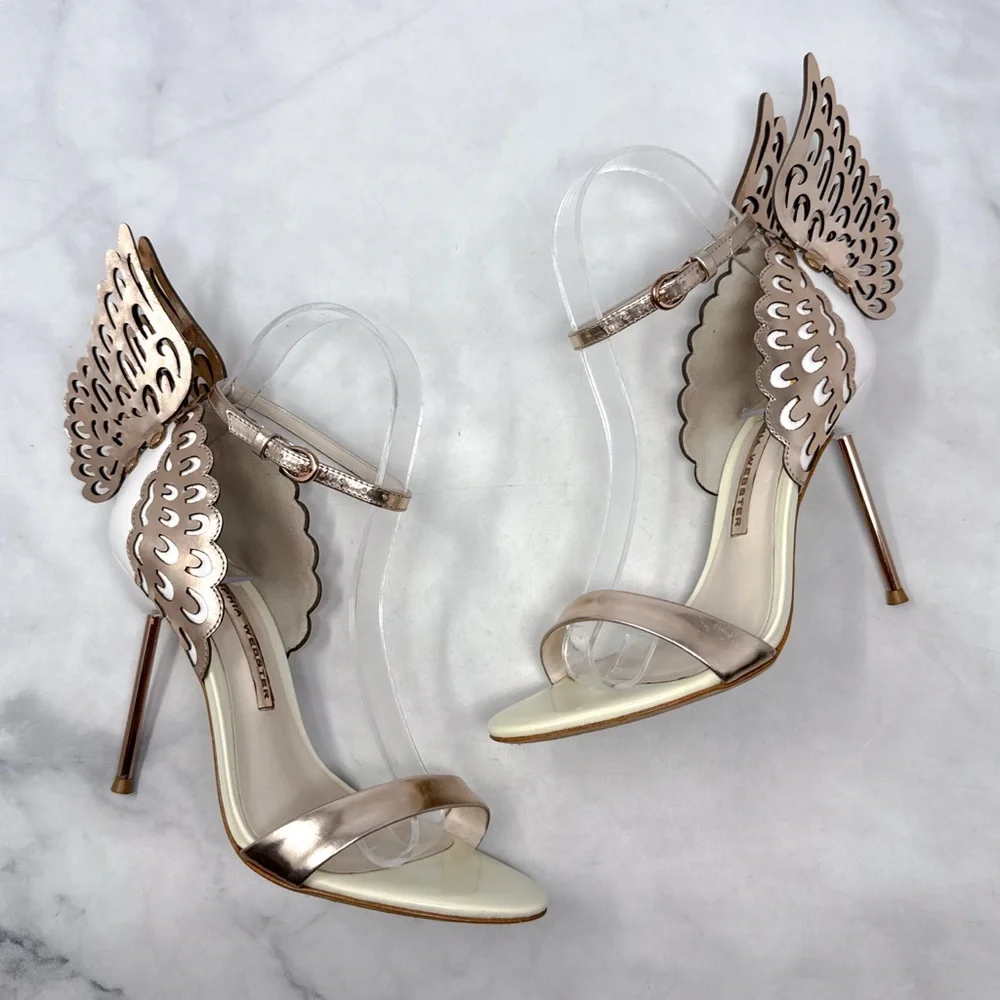 Sophia Webster Evangeline Butterfly Angel Wing Rose Gold Leather Sandal Heels 37 - Picture 1 of 16